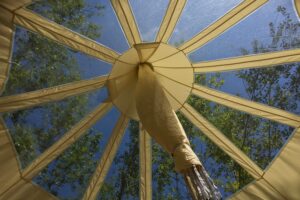 uizicht op de bomen en de sterren vanuit de glampingtent